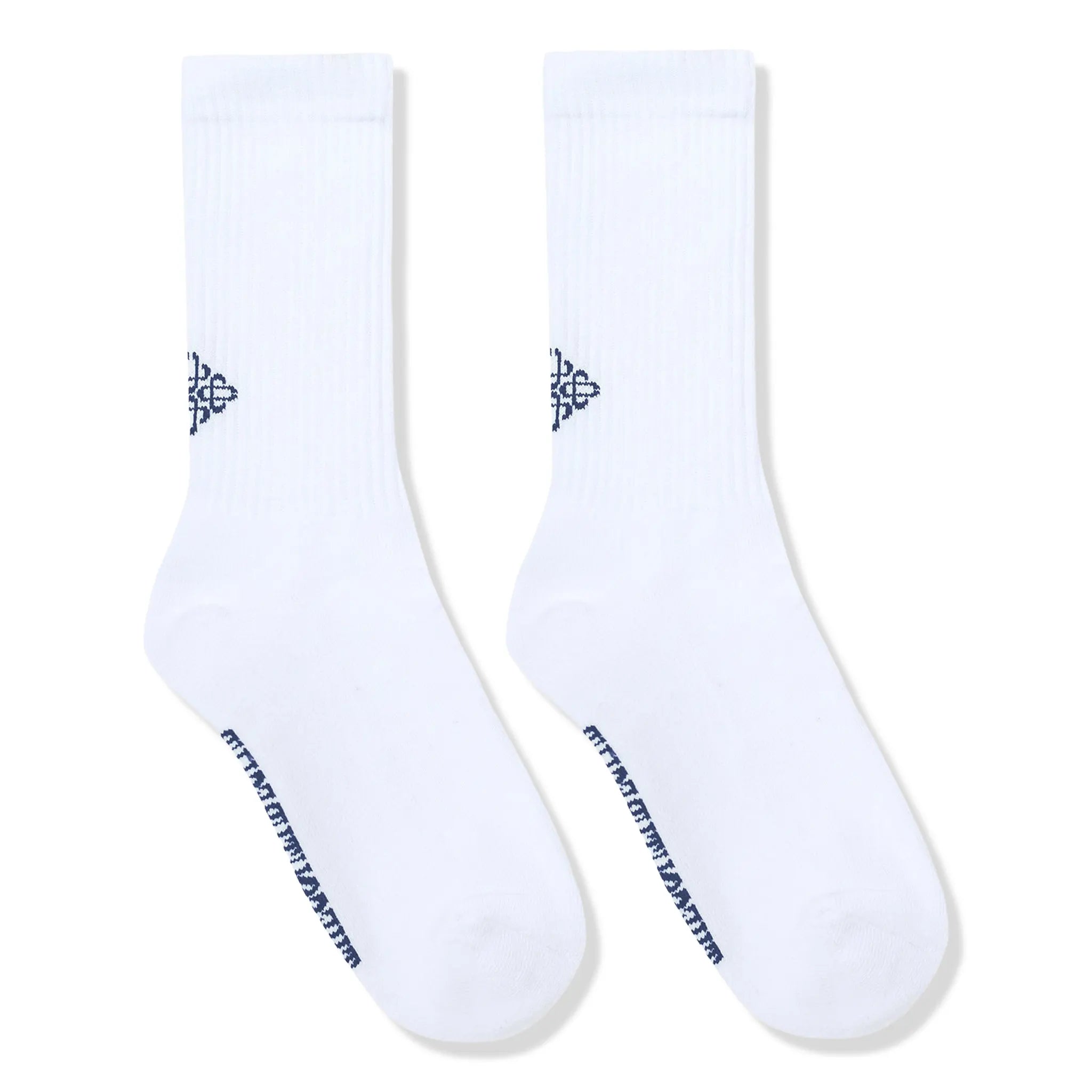 Front View of The Couture Club Reverse Emblem Copyright White Navy Socks